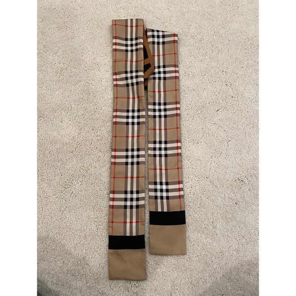 vintage check and logo print silk skinny scarf